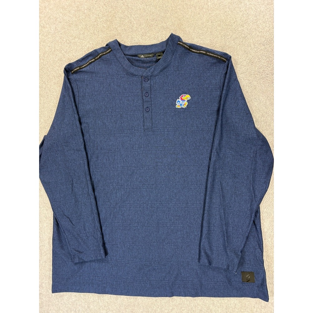 Kansas Jayhawks Adidas Stitched Logo L./S Campus Henley Shirt (Men's 2XL) Blue